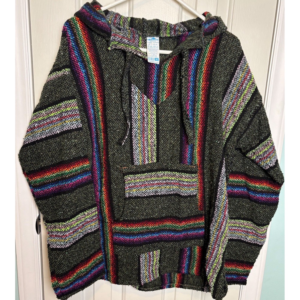 Mexican Poncho Baja Hoodie Surfer Drug Rug Pullover Made in Mexico Unisex Multi